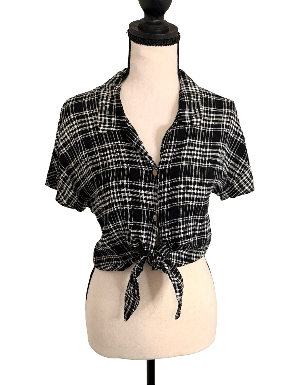 Aritzia Wilfred Free Plaid Tie Front Crop Blouse XXS - Picture 2 of 10